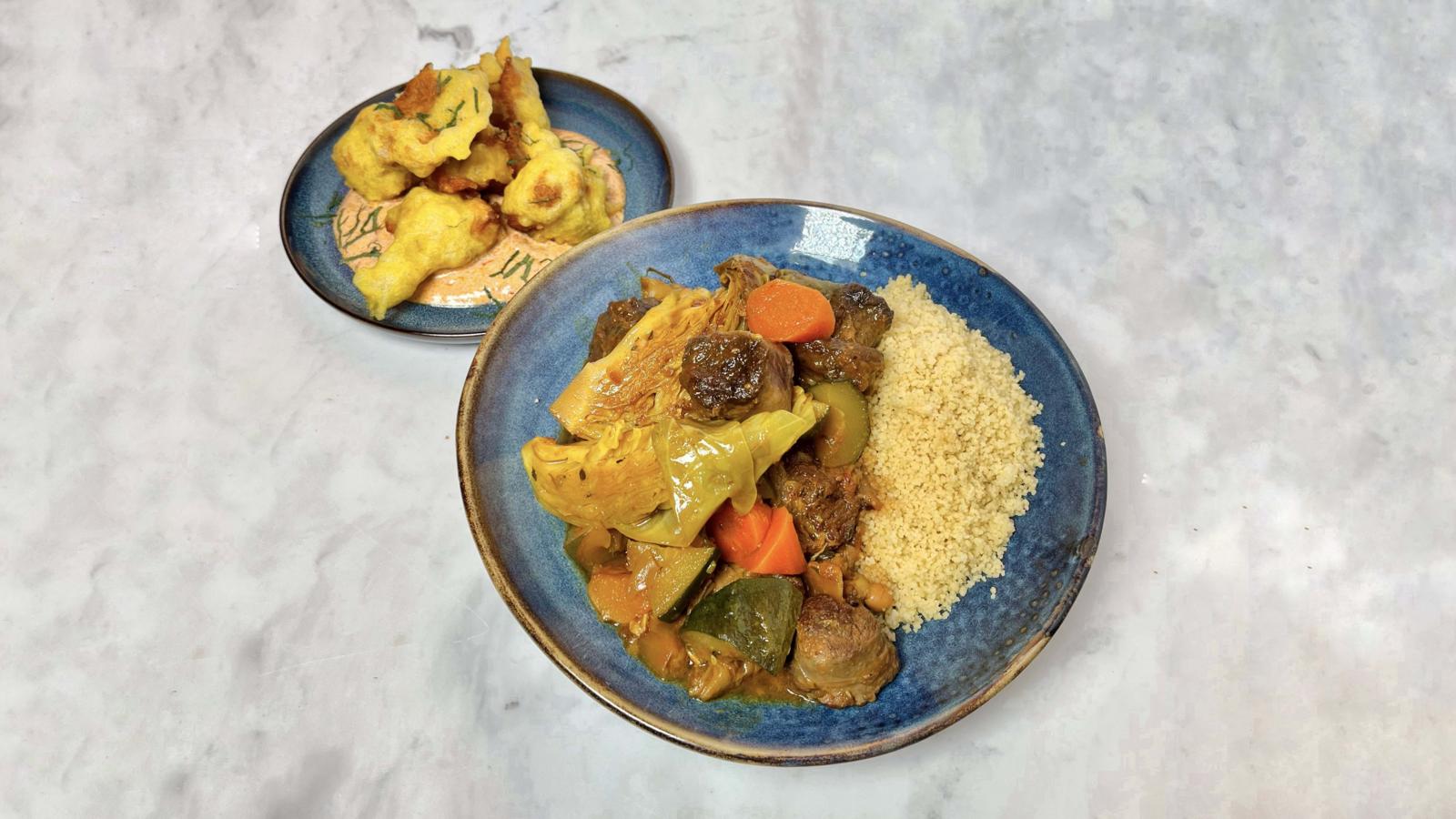 Beef shin stew with spiced sweet potato dumplings and couscous