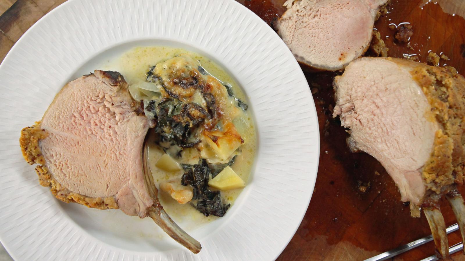 Beer-marinated rack of pork with Swiss-chard gratin