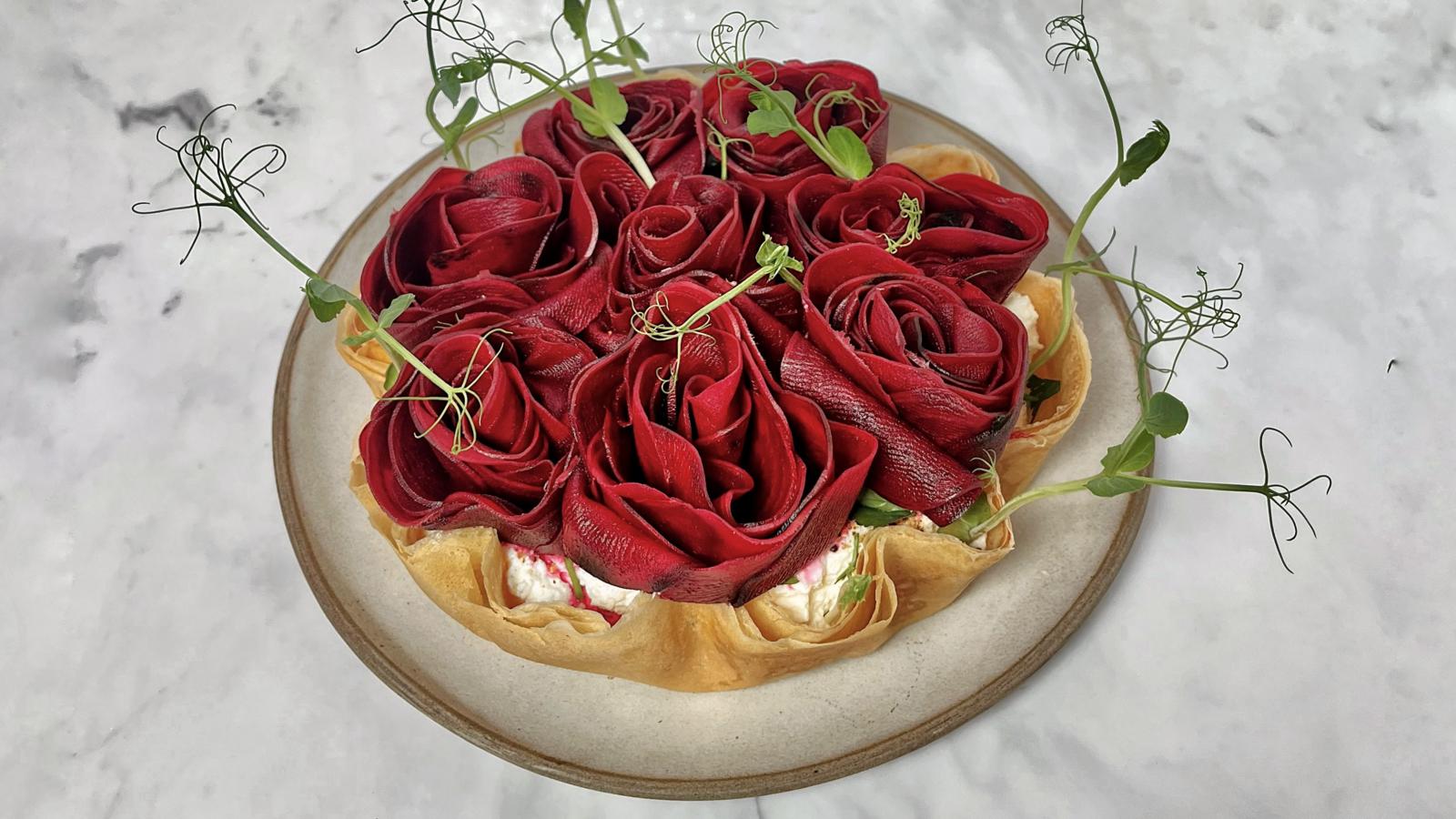 Beetroot tart with blood orange winter leaf salad 