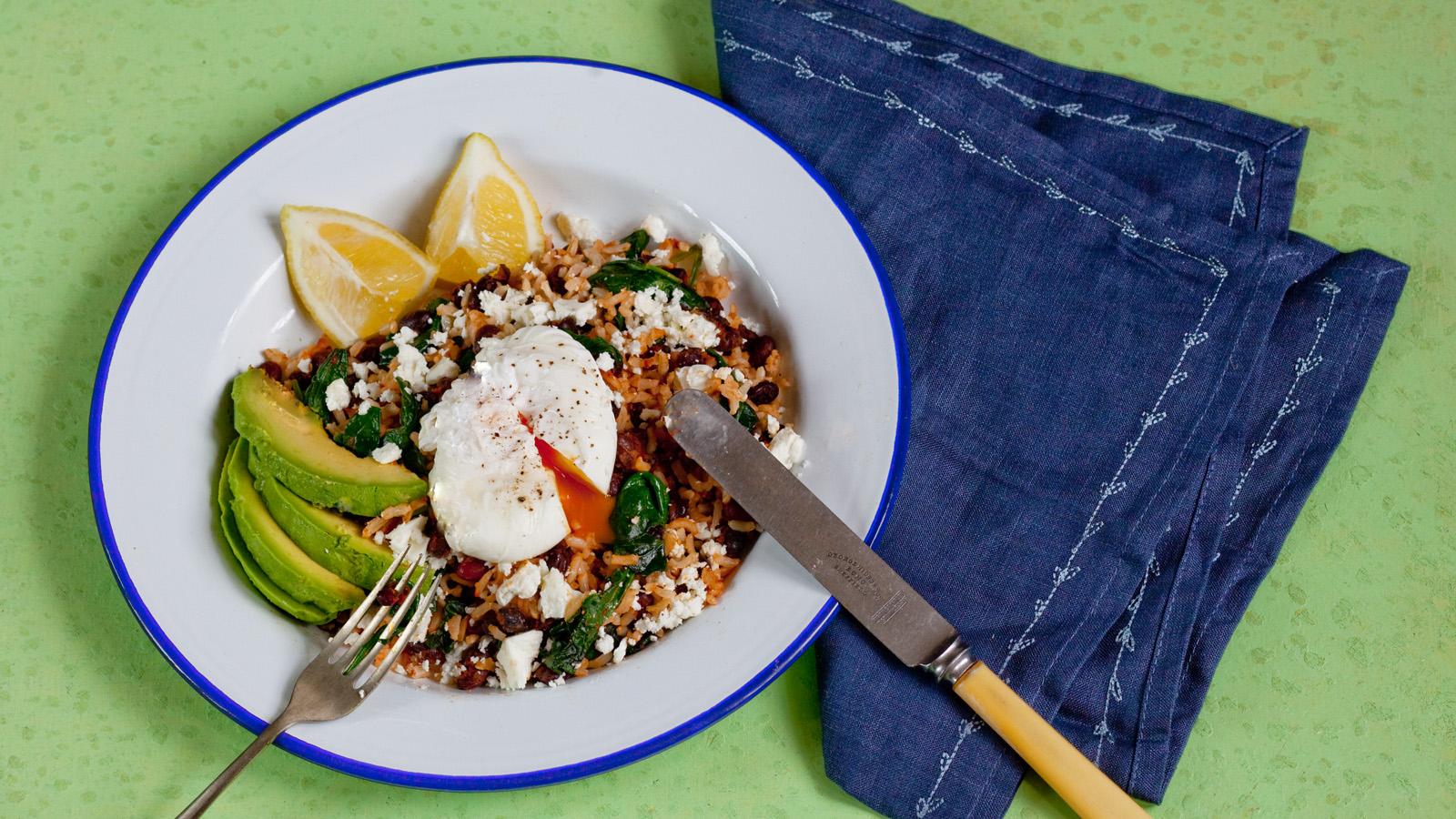 Black bean and brown rice bowl with poached eggs