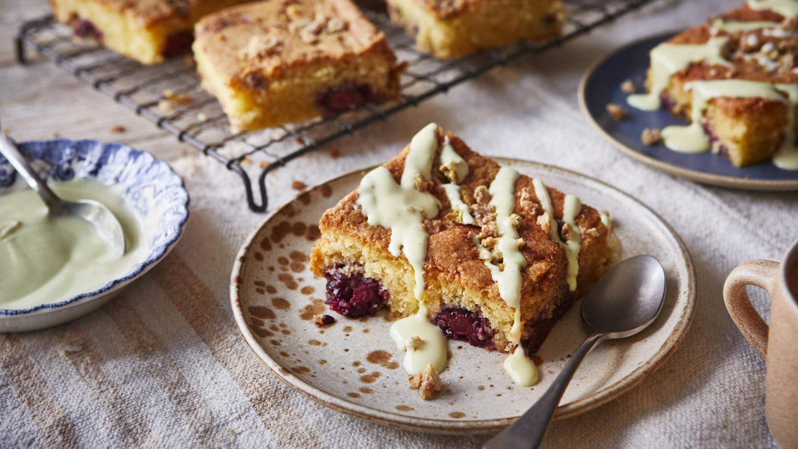 Blackberry crumble cake with pistachio custard