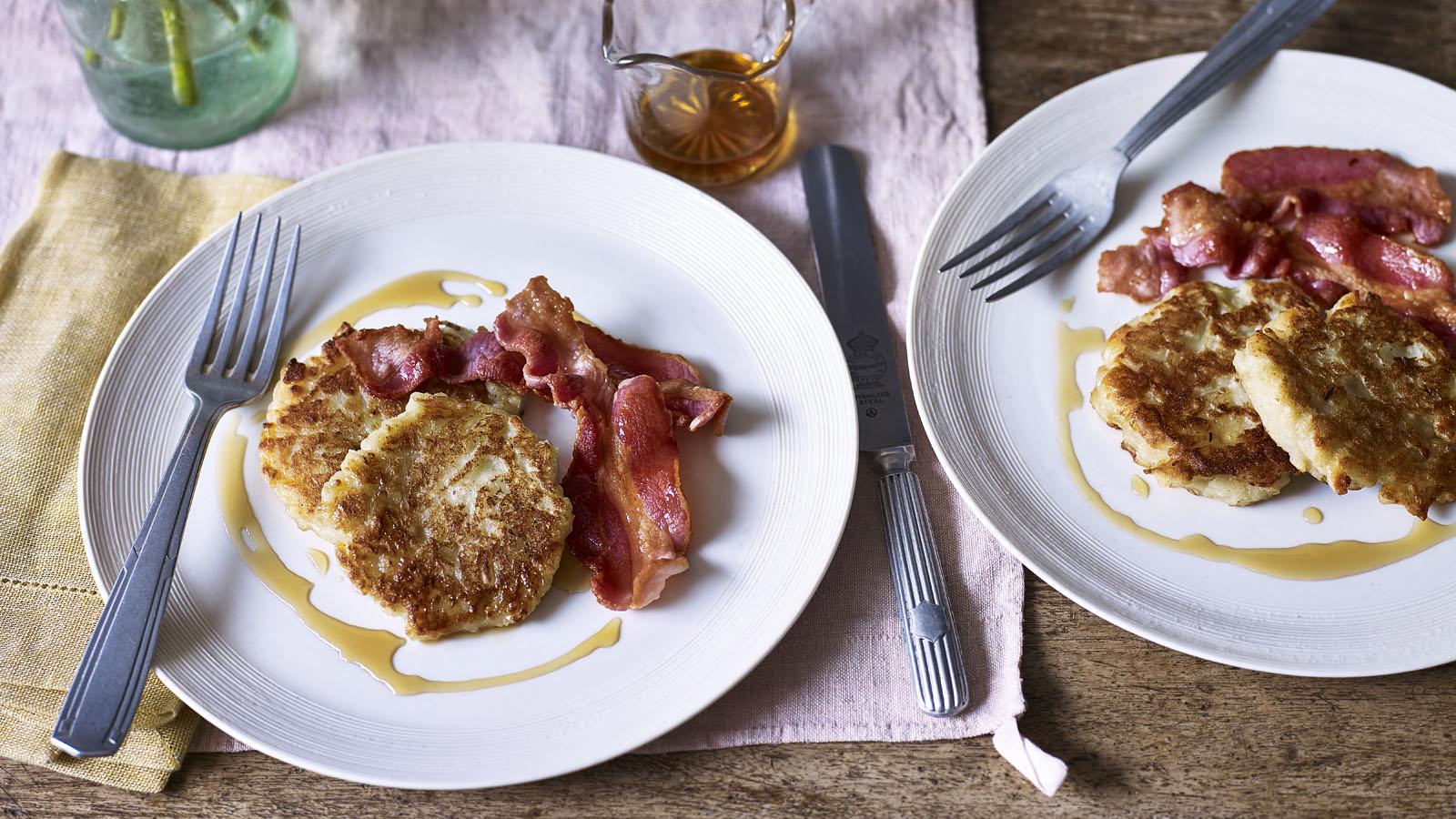 Boxty with crisp streaky bacon and maple syrup