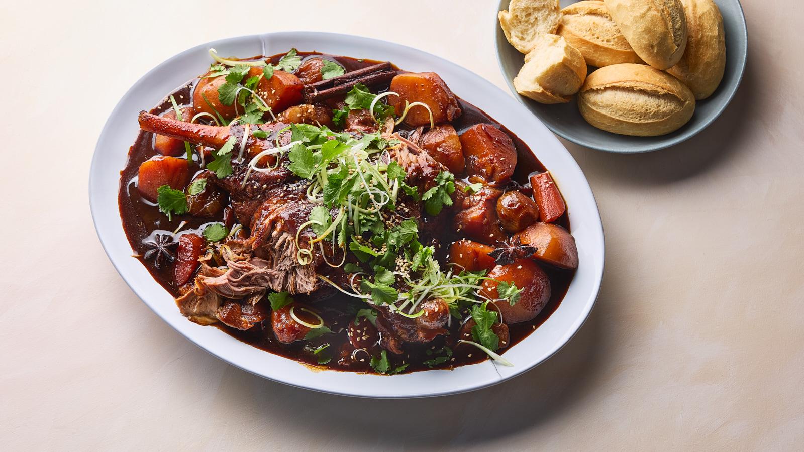 Braised soy, ginger and cumin leg of lamb