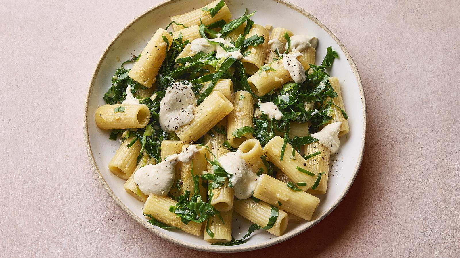 Brown butter and spring greens pasta with tofu crema