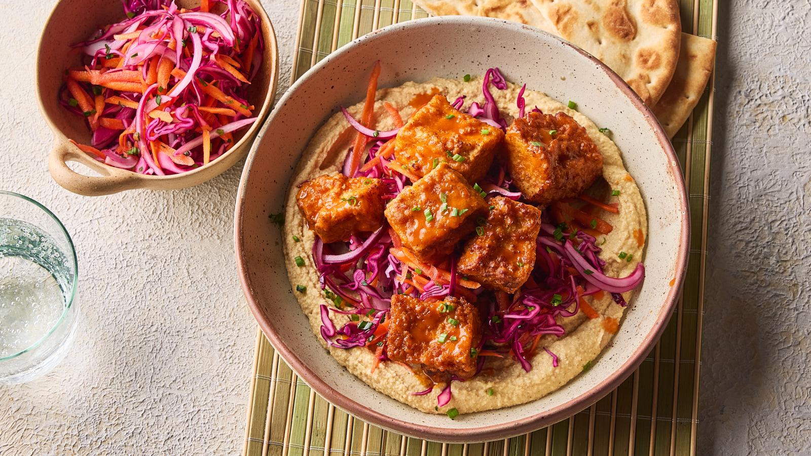 Buffalo tofu hummus bowls