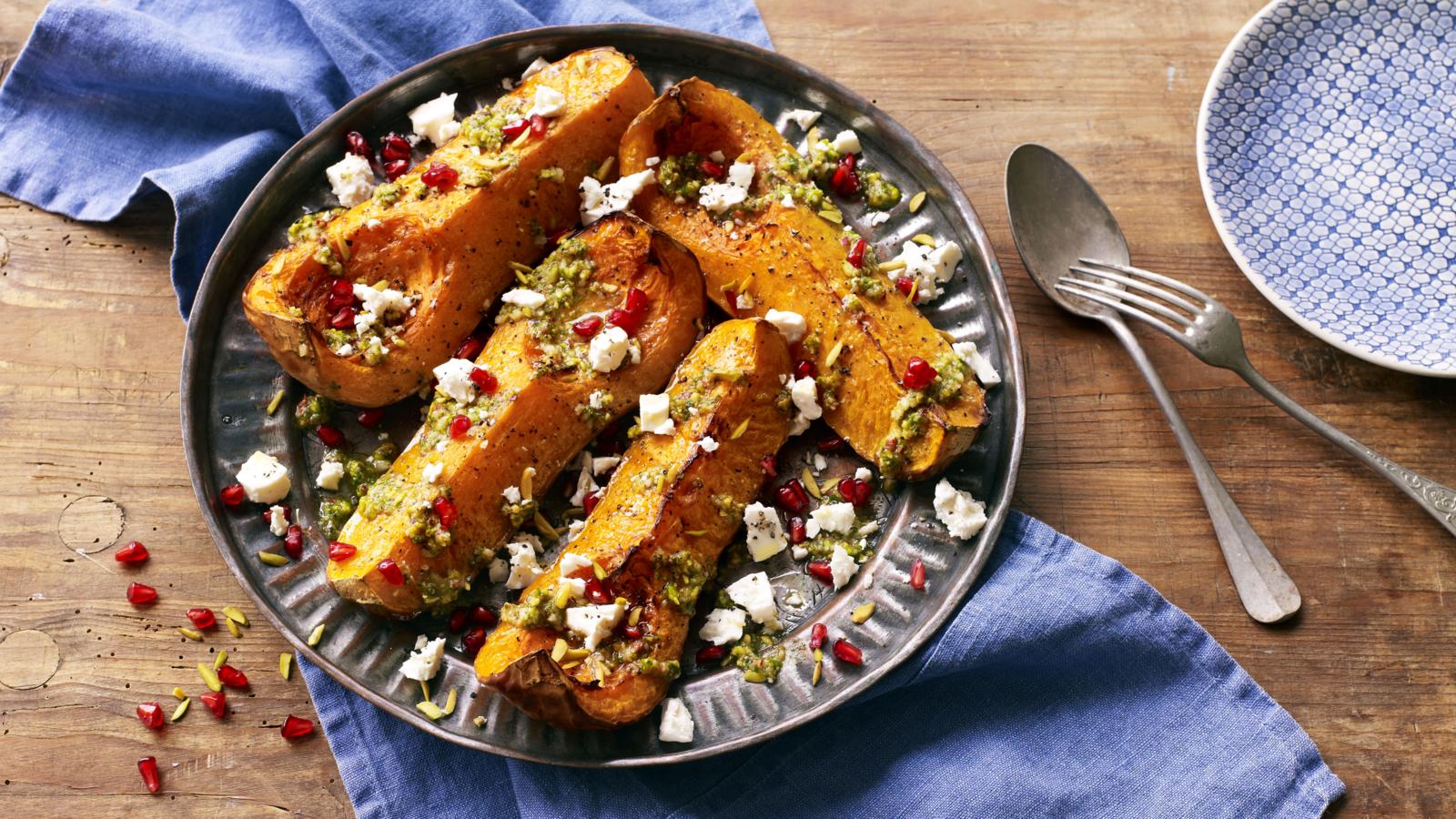 Butternut squash with Persian pistachio pesto, feta and pomegranate seeds