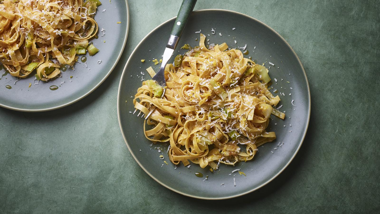 Buttery leek and soy tagliatelle with sesame oil 