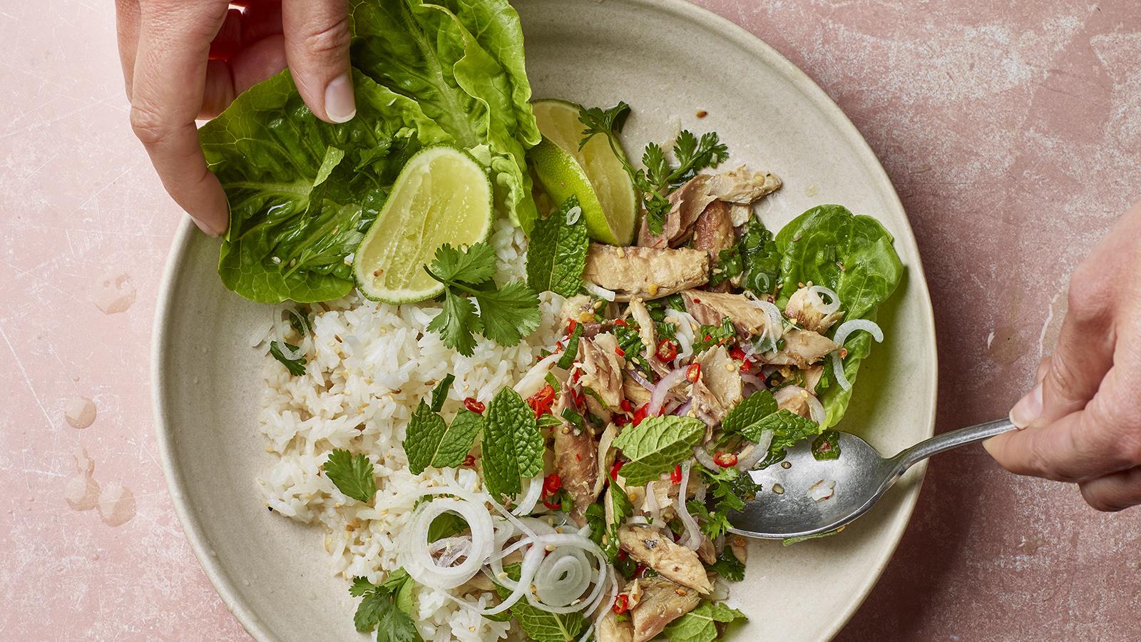Campfire mackerel larb