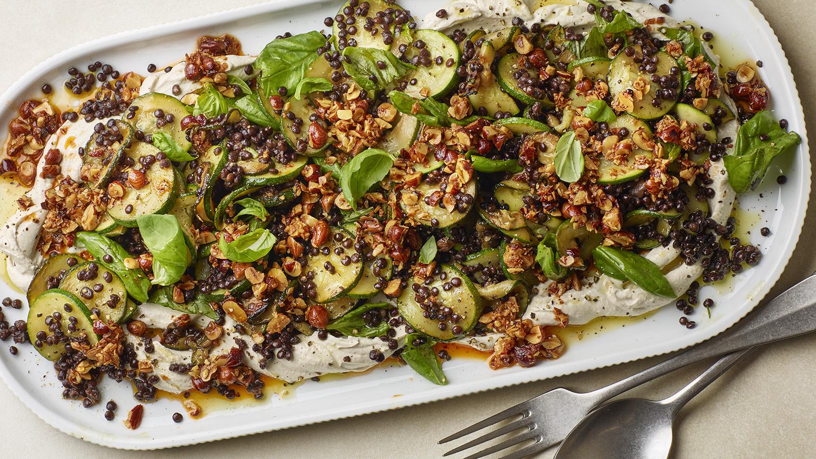 Caramelised courgettes with lentils and tahini yoghurt 
