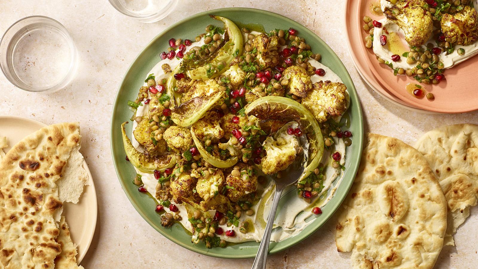 Spiced roasted cauliflower with lentils and tahini yoghurt 