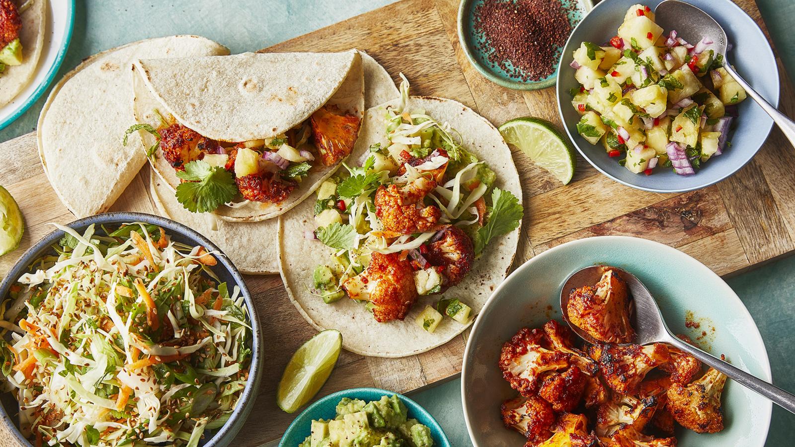 Cauliflower tacos with spicy slaw and pineapple salsa