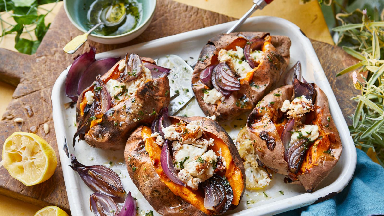 Charcoal roasted sweet potatoes with charred red onions and feta 