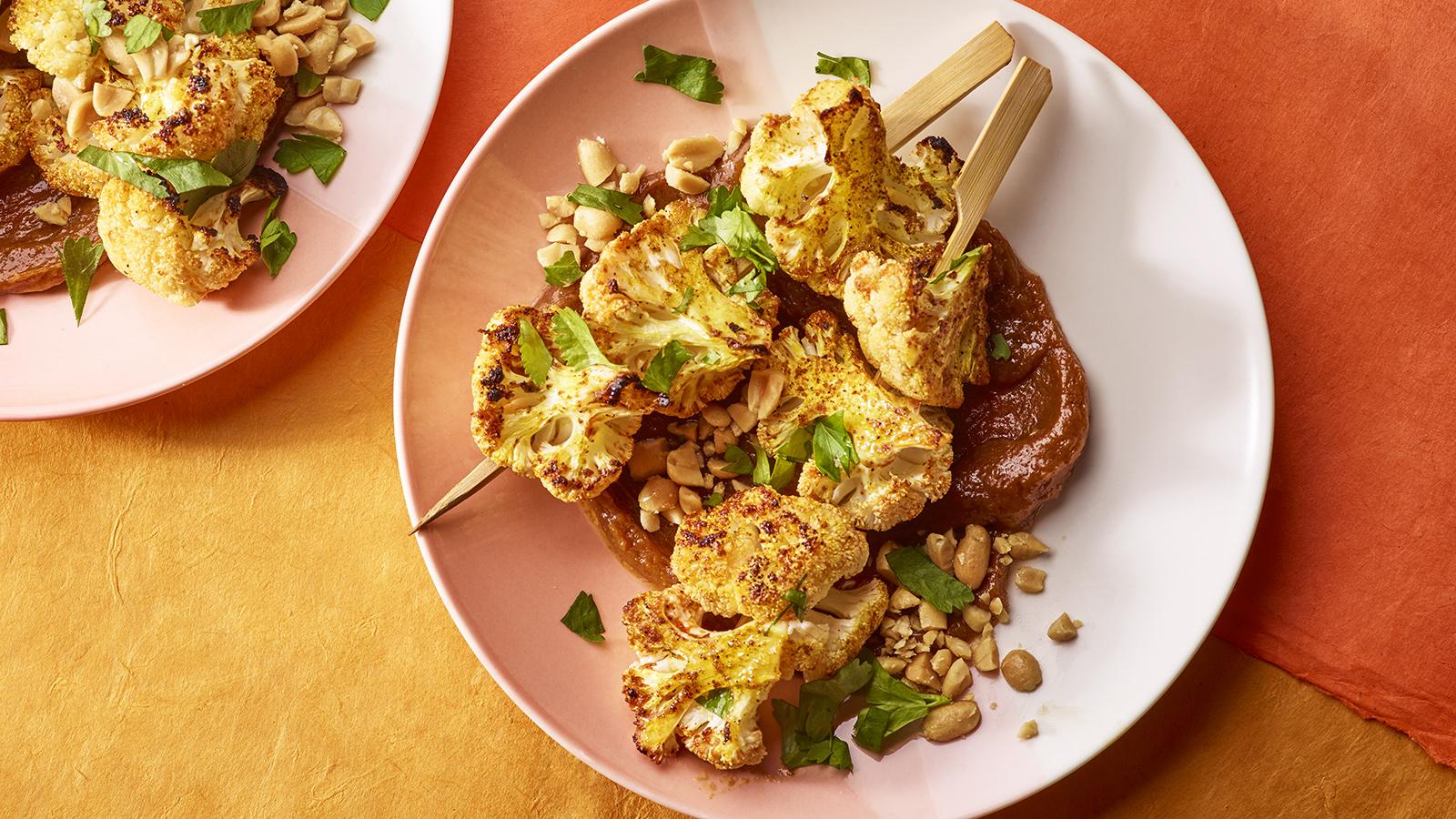 Charred cauliflower satay skewers 