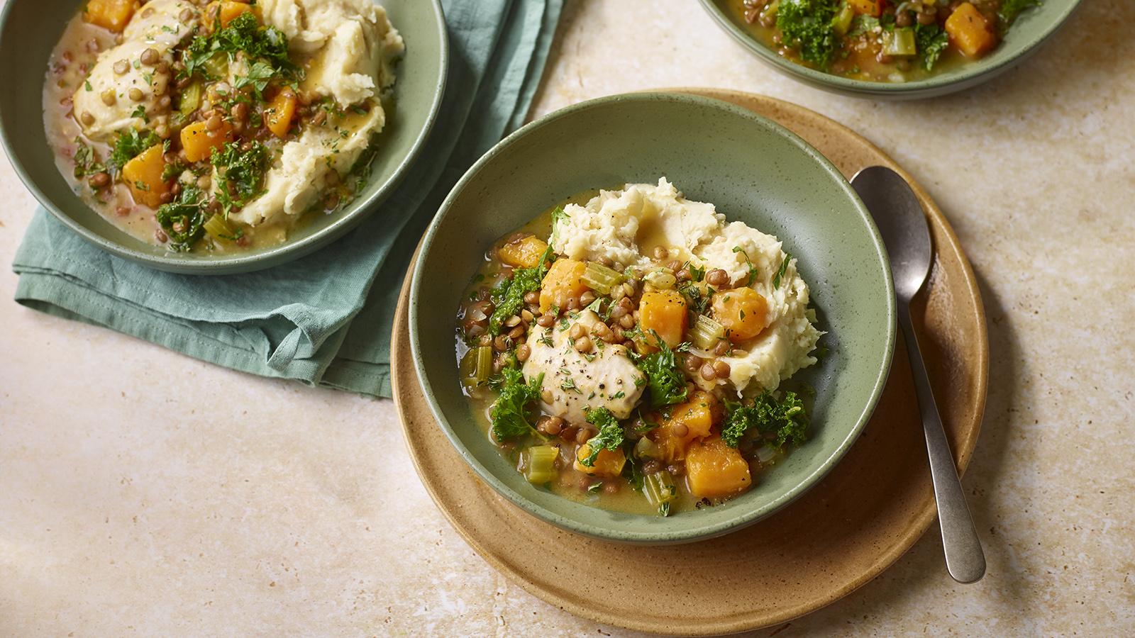 Chicken and kale stew with butter bean mash    