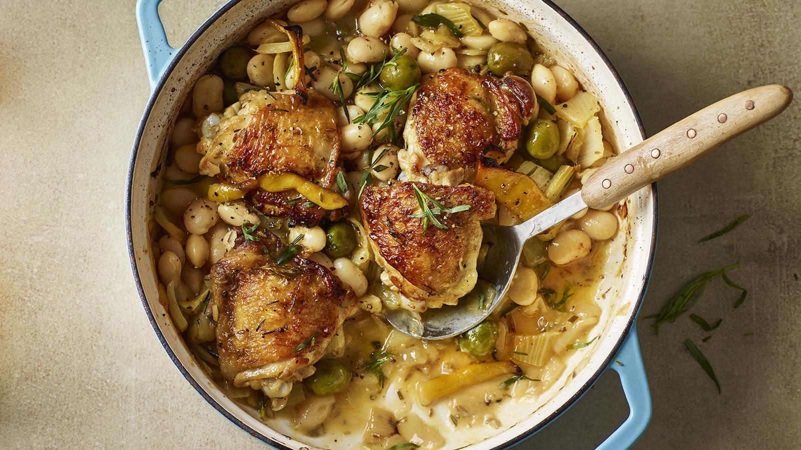 Chicken with fennel, lemon and beans