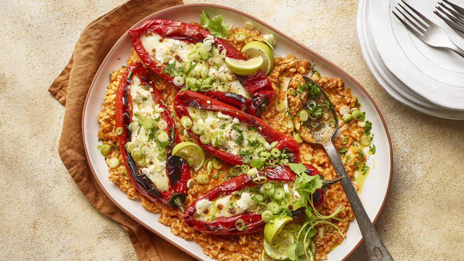 Chiles rellenos with salsa roja ‘risotto’