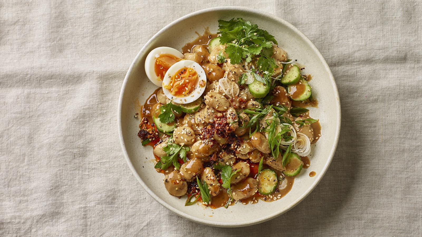 Chilli and sesame butter bean bowl with jammy eggs