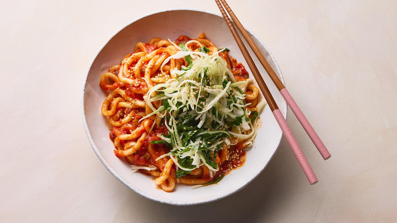 Chilli tomato udon with sesame greens