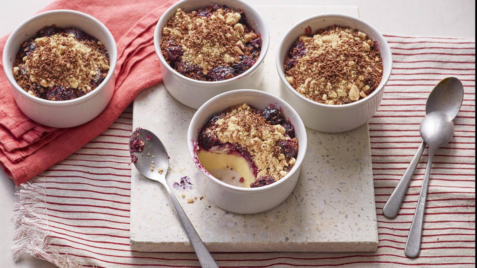 Steamed egg custard puddings with chocolate and cherries