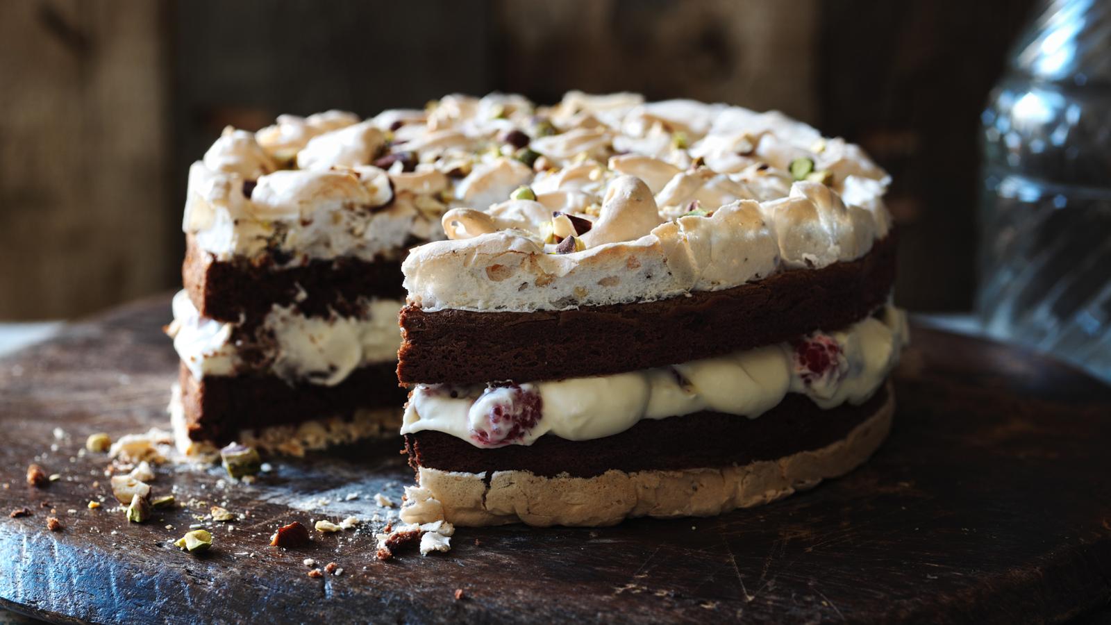 Chocolate brownie meringue cake with raspberry cream