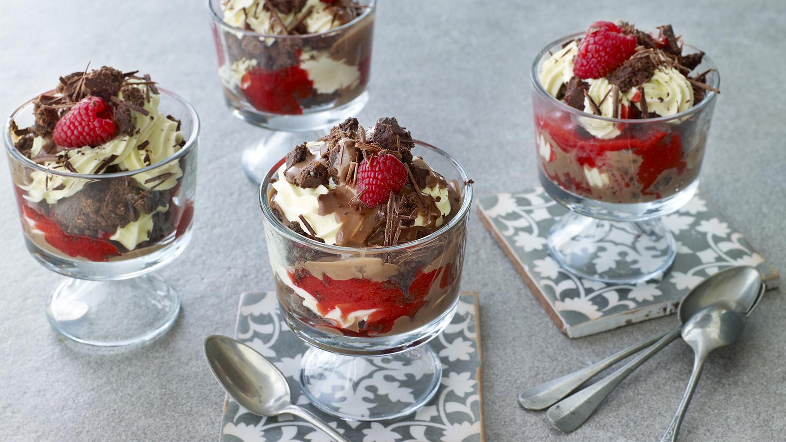 Chocolate brownie and raspberry trifles