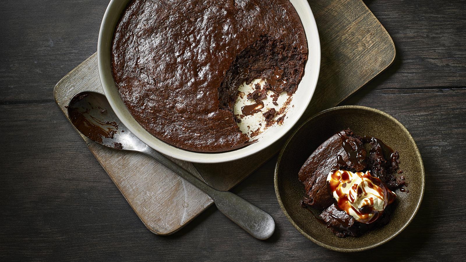 Chocolate tahini pudding with tahini cream and date molasses