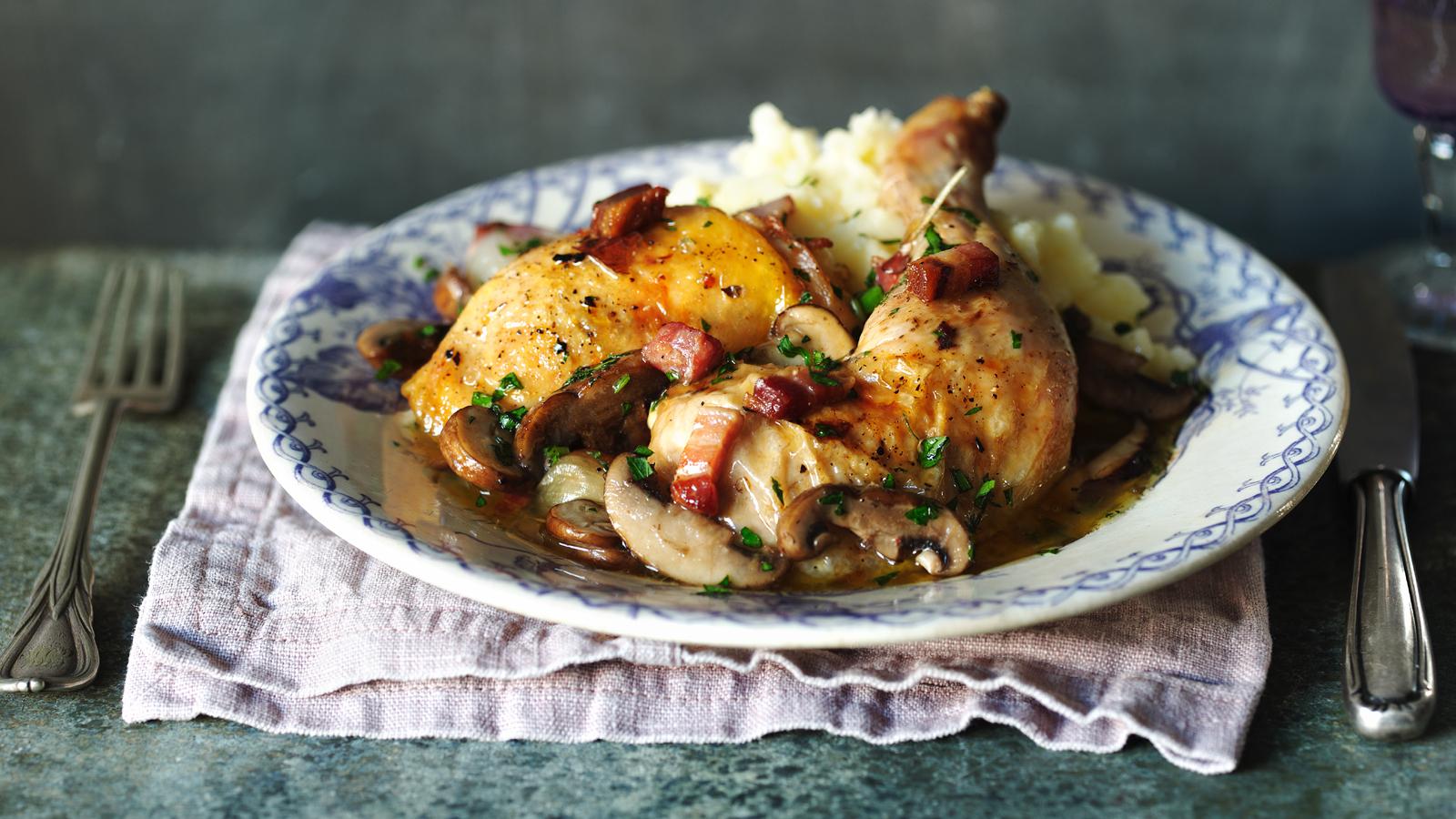 Coq au vin with crème fraîche mash