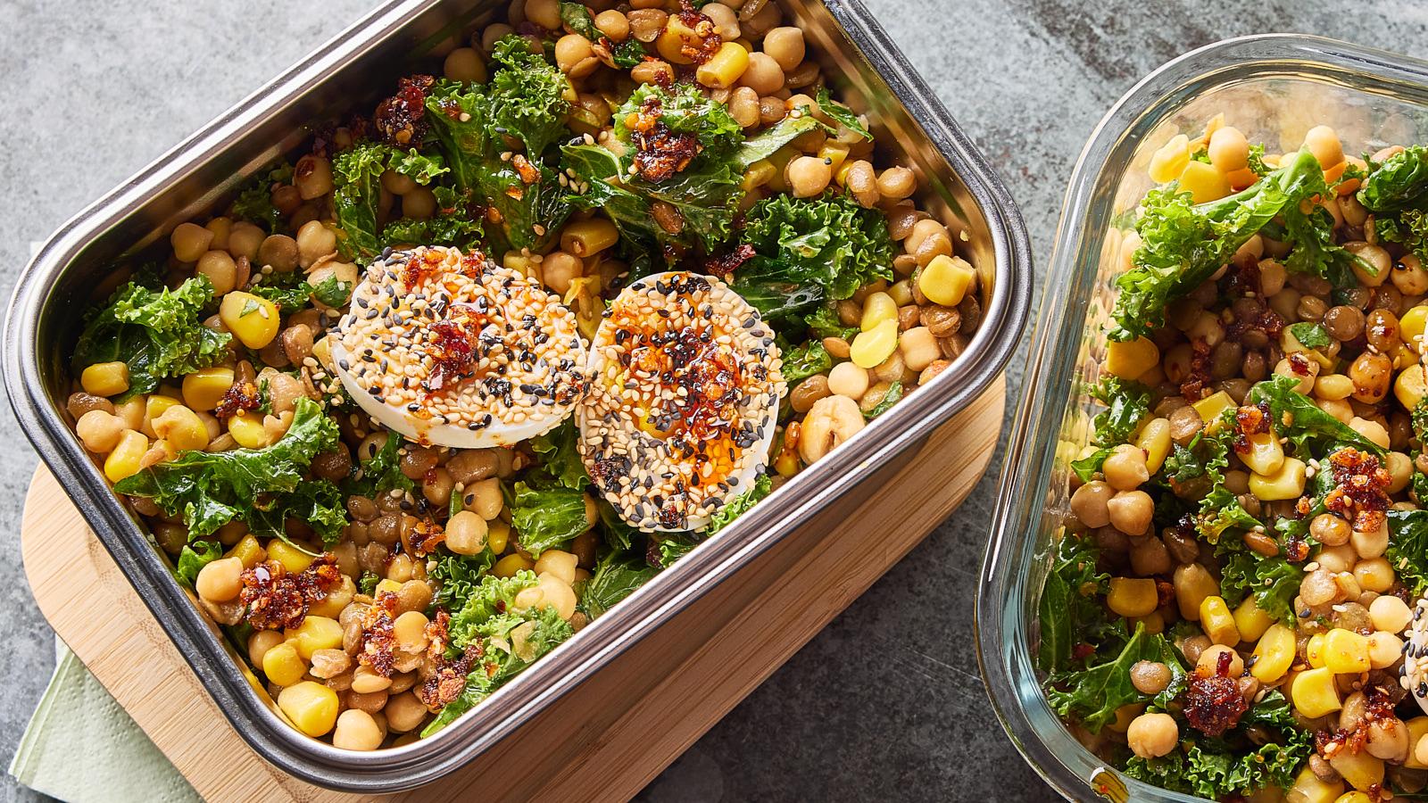 Corn and kale salad with chilli and miso dressing