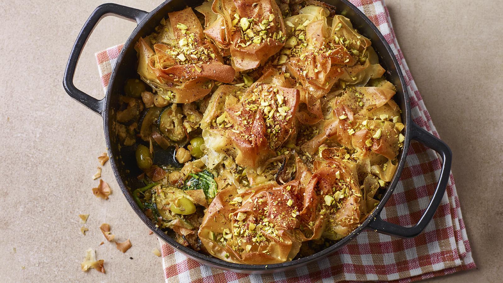 Courgette, pistachio and olive filo pie