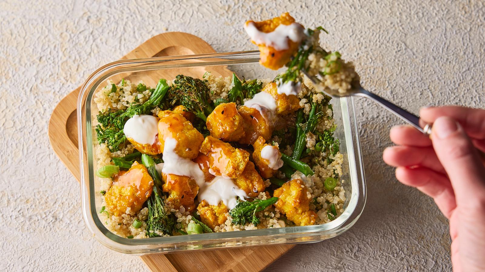 Crispy mango tofu quinoa bowl