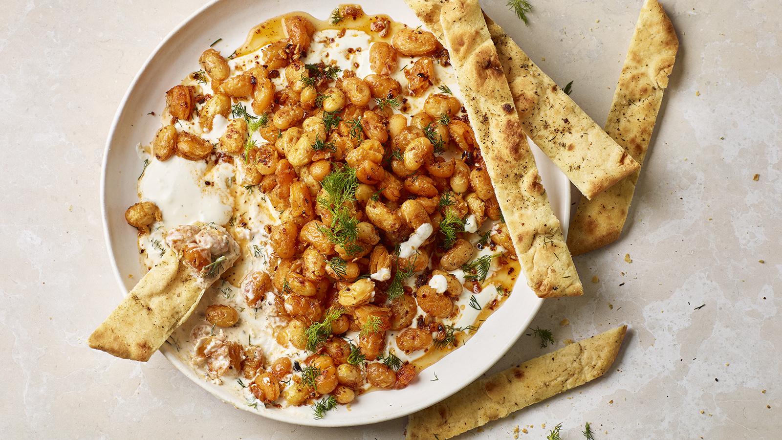 Crispy spiced butter beans on whipped feta