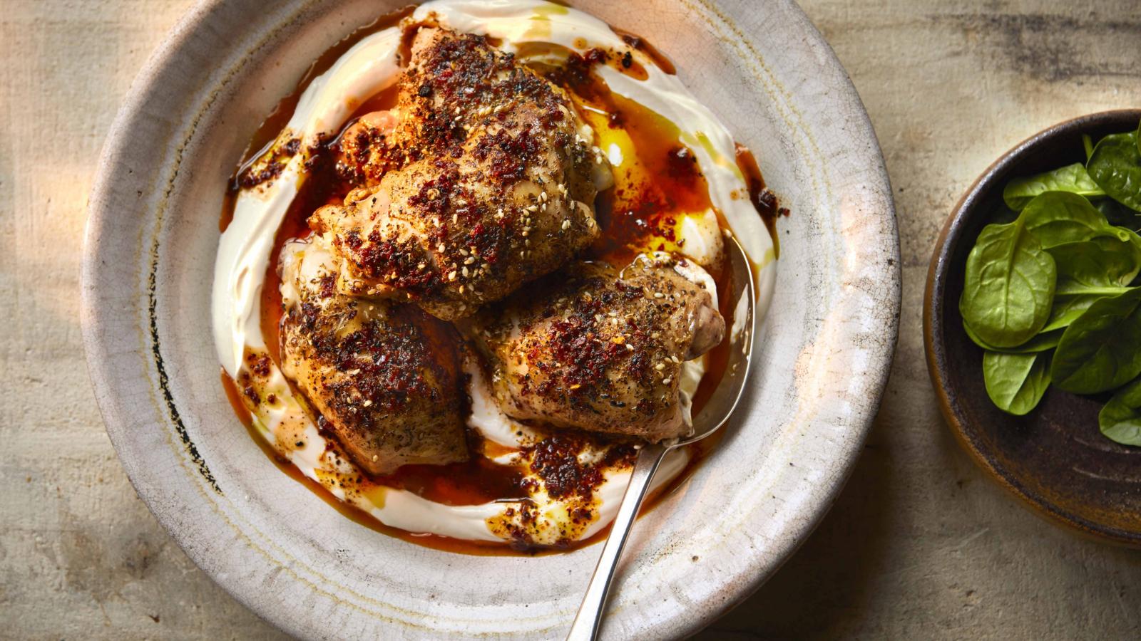 Crispy za’atar chicken with garlic yoghurt and spiced butter 