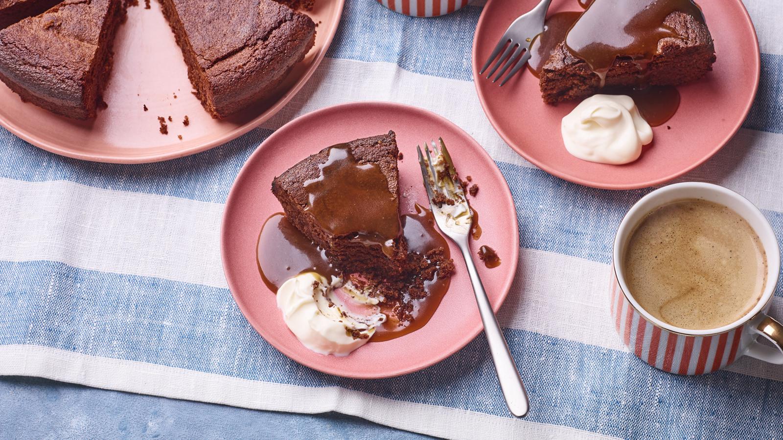 Dark chocolate polenta cake with salted caramel sauce