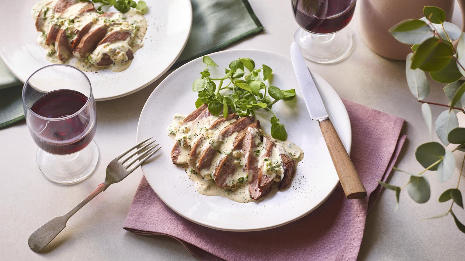 Duck breast with brandy and watercress sauce