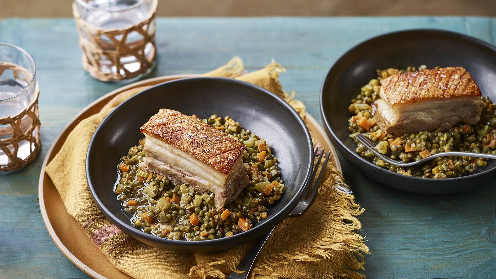 Pork belly with lentils