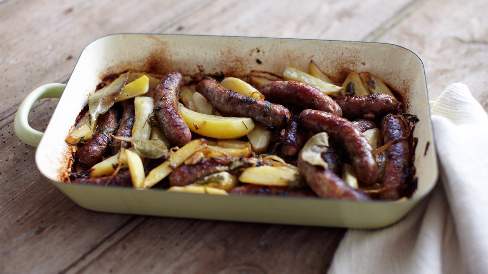 Fennel sausages braised with lemony potatoes and bay leaves