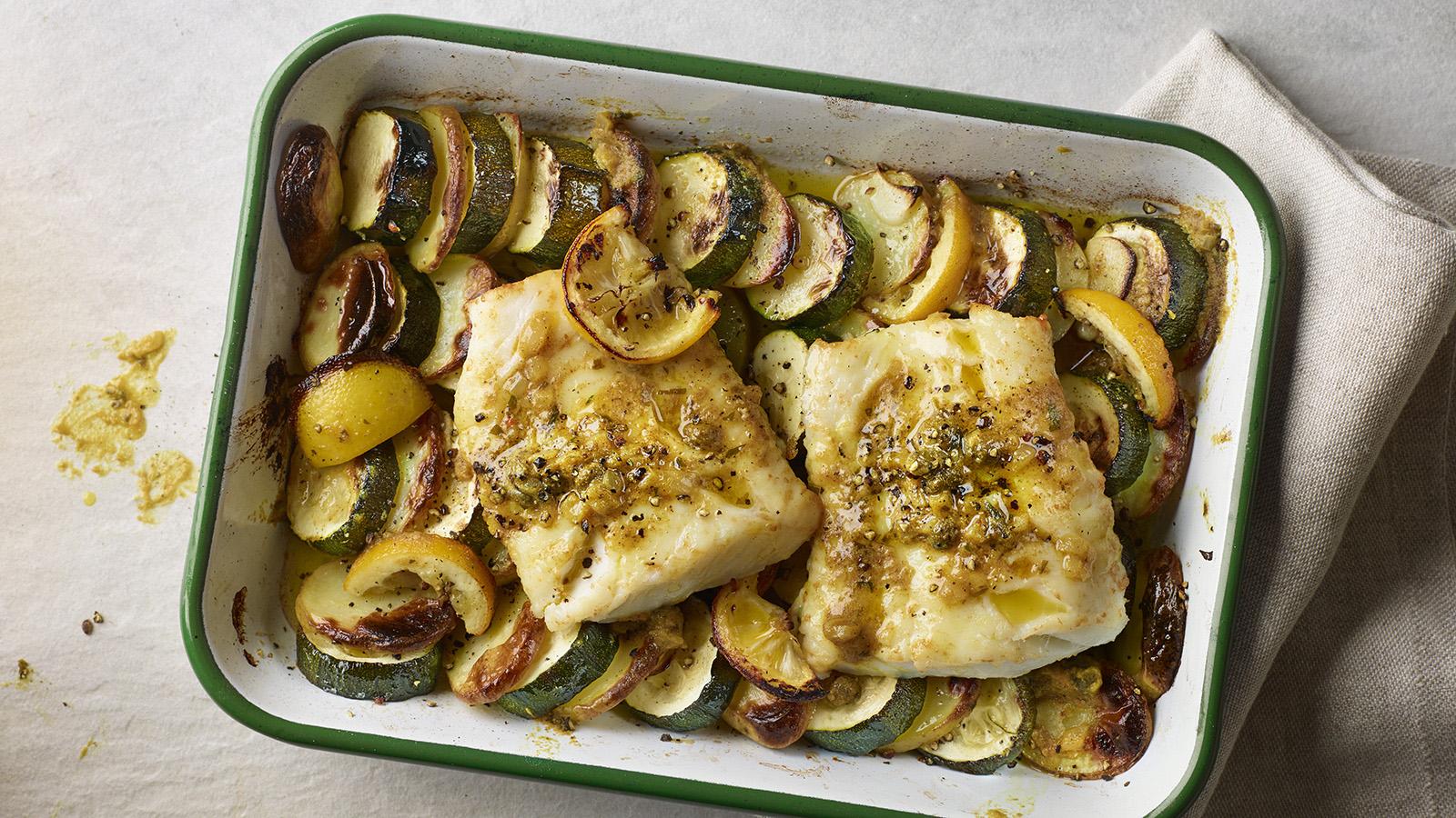 Roasted fish and potatoes with Café de Paris butter