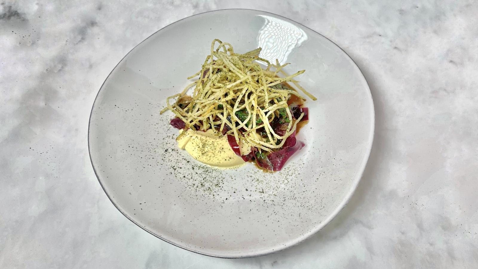 Fondant potato with cheese custard, dulse and nori fries