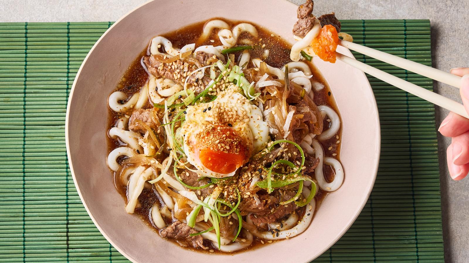 French onion and beef udon soup