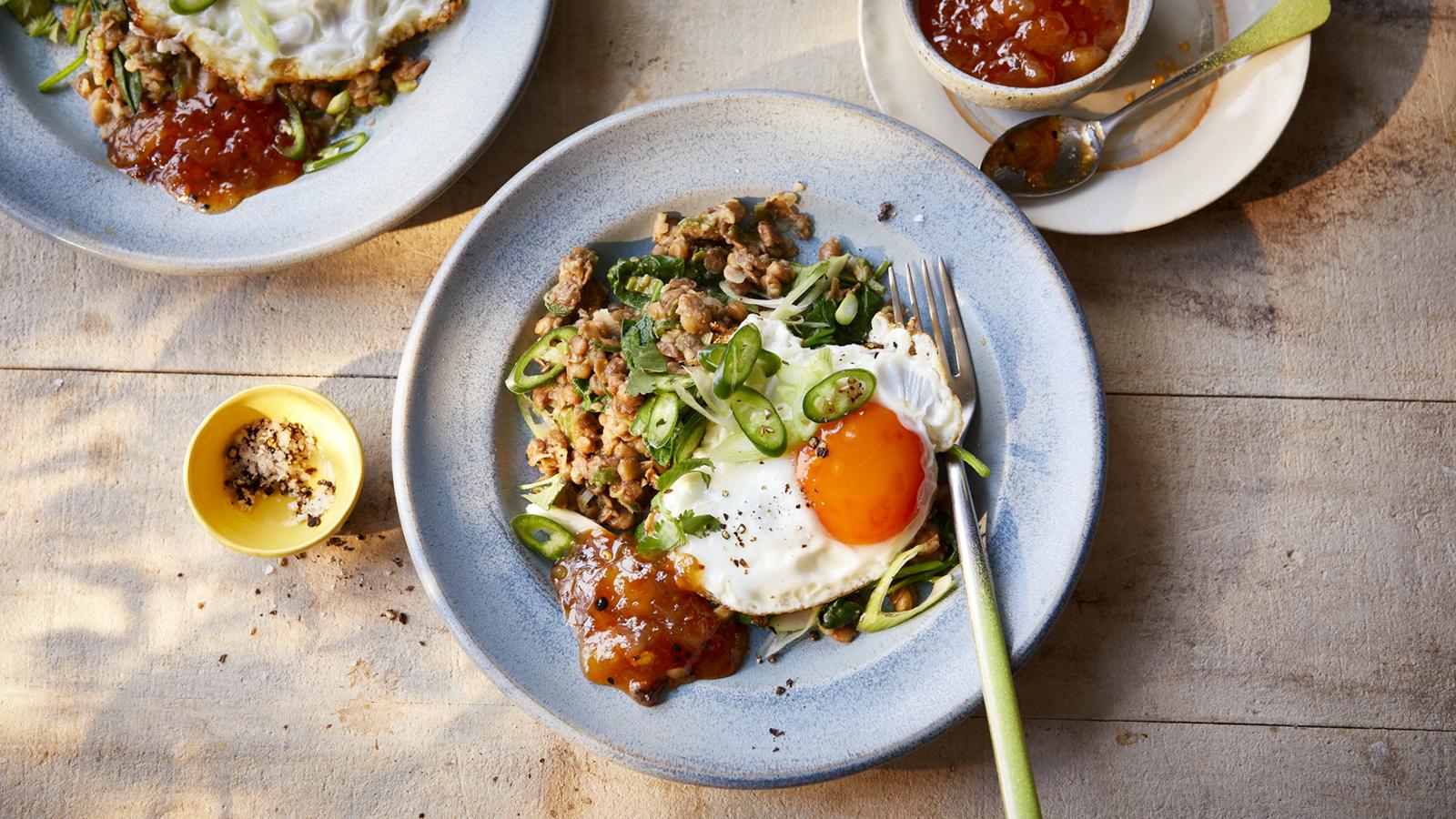 Fried lentils, mango chutney and eggs