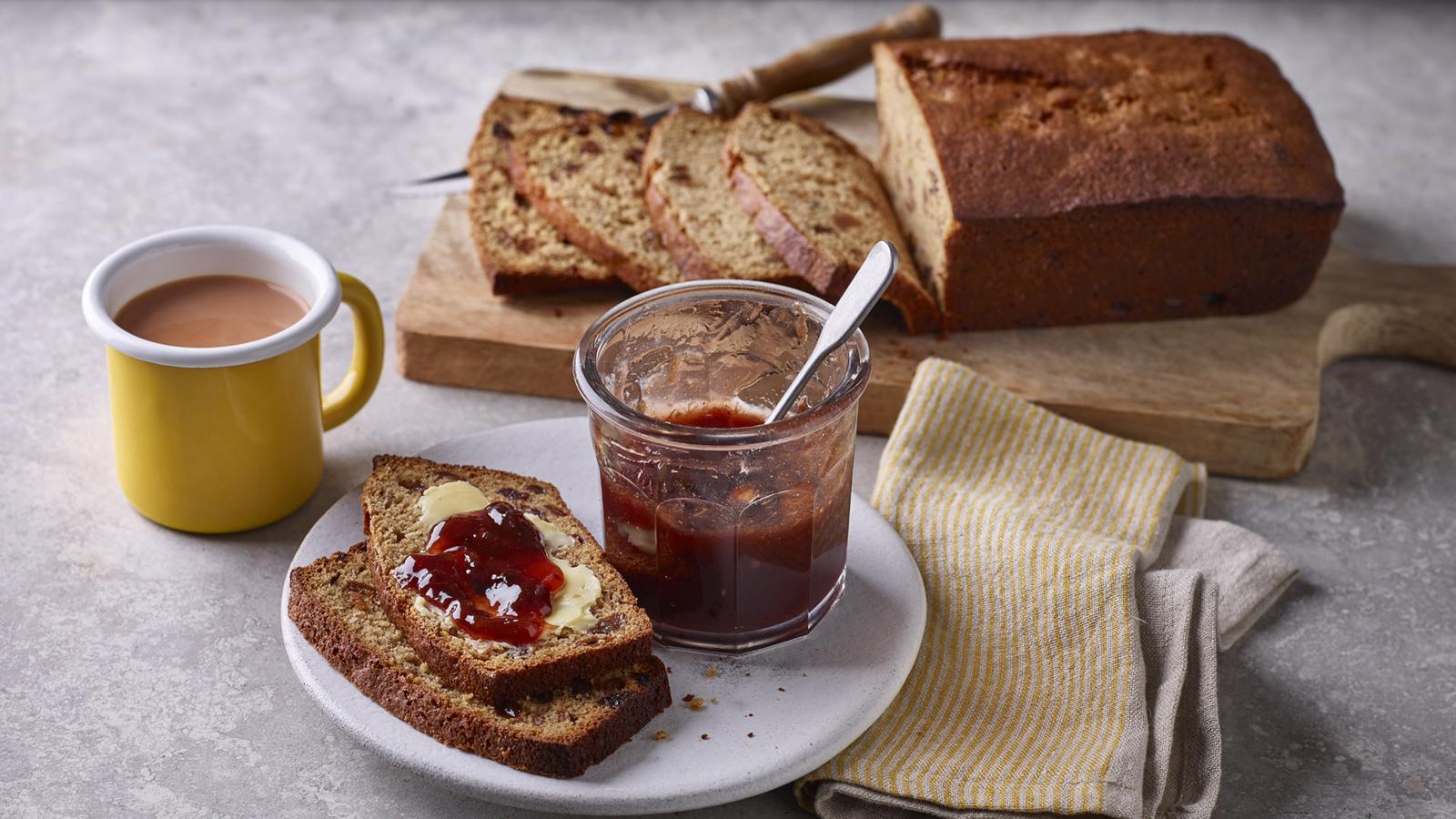 Fruited tea loaf with kea plum compôte