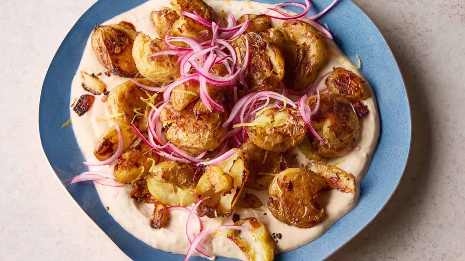Garlic butter smashed potatoes with whipped tofu