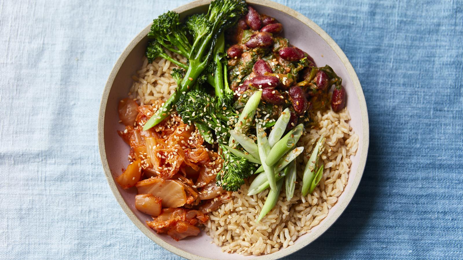 Gochujang red beans and kimchi rice bowl