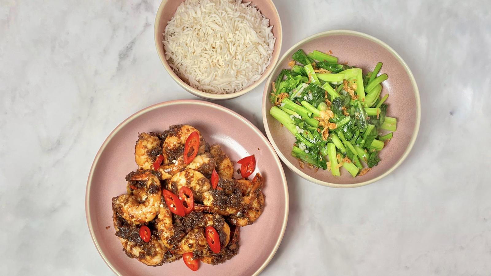 Golden fragrant prawns and garlic greens