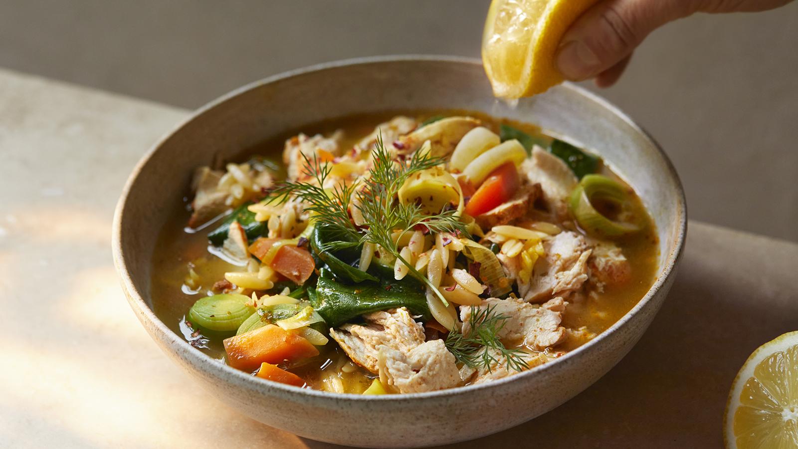 Greek-style lemon chicken orzo soup