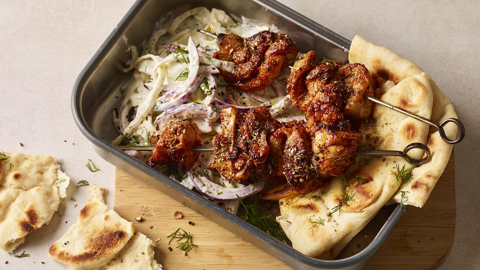 Greek chicken skewers with tzatziki slaw