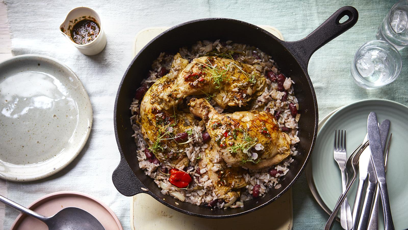 Green chicken, coconut rice and peas