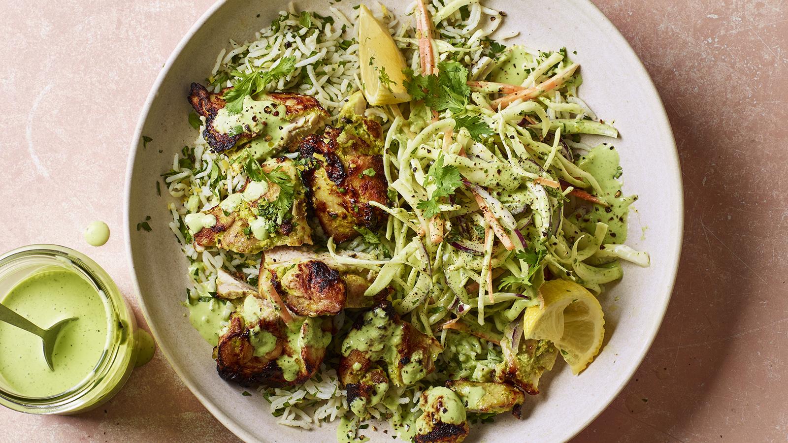 Green goddess chicken thighs with herby rice and slaw