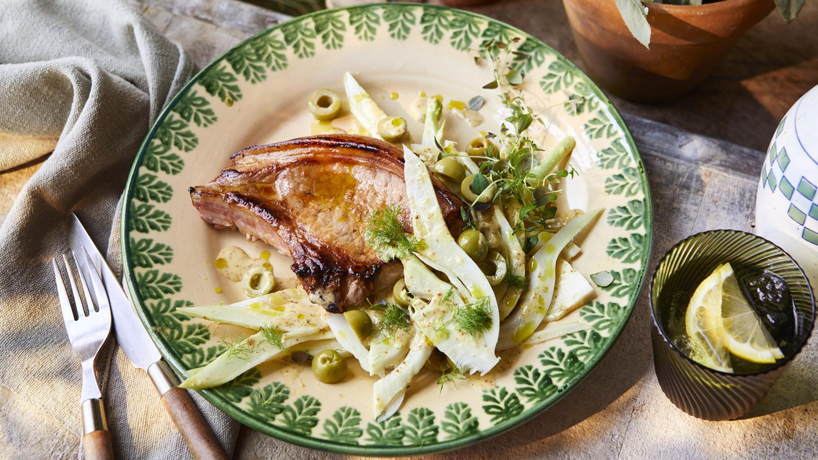 Griddled pork chop with fennel salad and charred orange vinaigrette