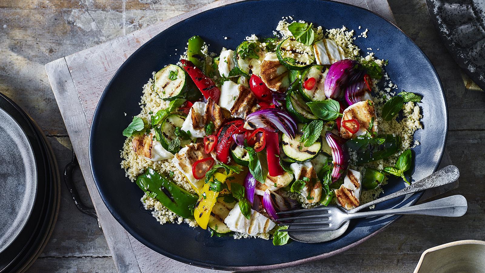 Griddled veg and halloumi with couscous recipe - BBC Food